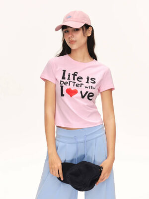 Women's Slogan & Heart Print Slim Fit Cropped T-Shirt