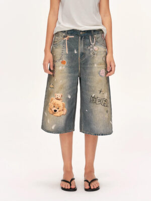 Mud-Wash Loose Denim Capris