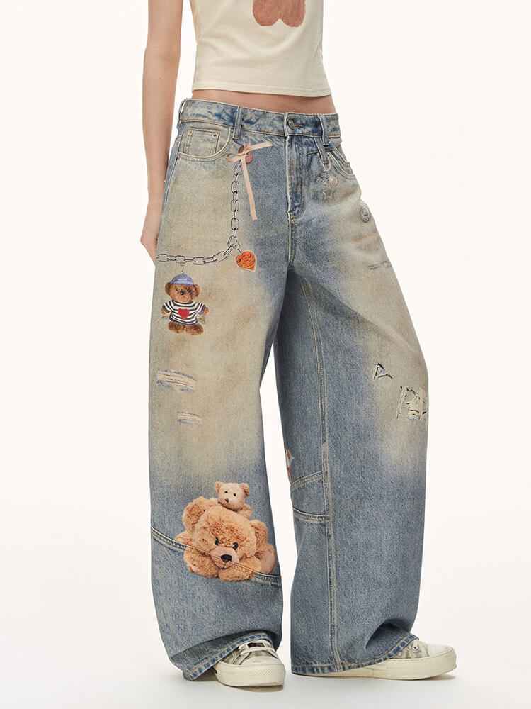 Mud-Wash Distressed Denim Jeans with Bear Print - Image 2
